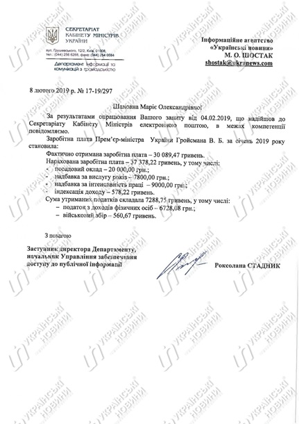 Кабмин назвал зарплату Гройсмана
