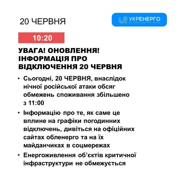 «Укренерго» змінило ліміти споживання електрики через нічну атаку дронів на енергооб'єкти